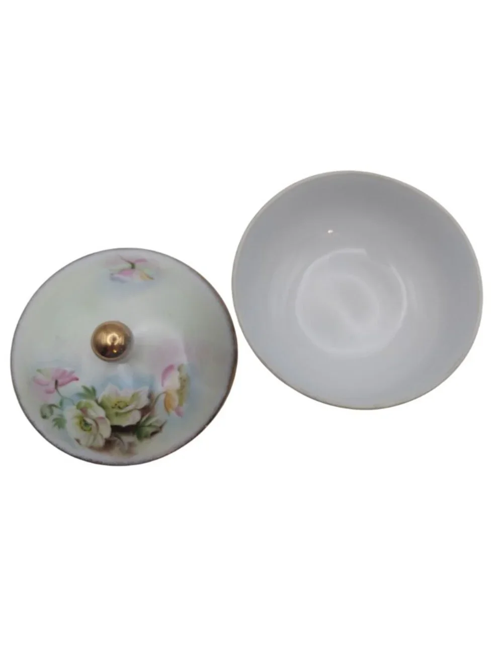 Lefton Covered Vanity Dish Footed Hand Painted Floral Porcelain Trinket Vintage
